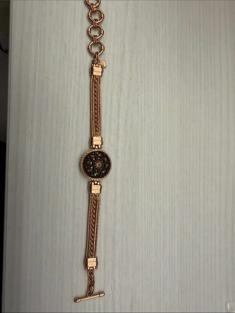 Vintage-Inspired Round Medallion Bracelet in Rose Gold with Amber Crystals